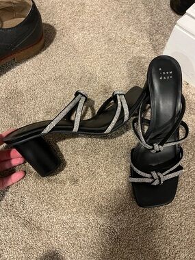 a new day Black Heeled Sandals with Crystal-Trim Straps